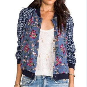 FREE PEOPLE XS Baseball Bomber Jacket in Indigo Combo Floral & Ikat Print
